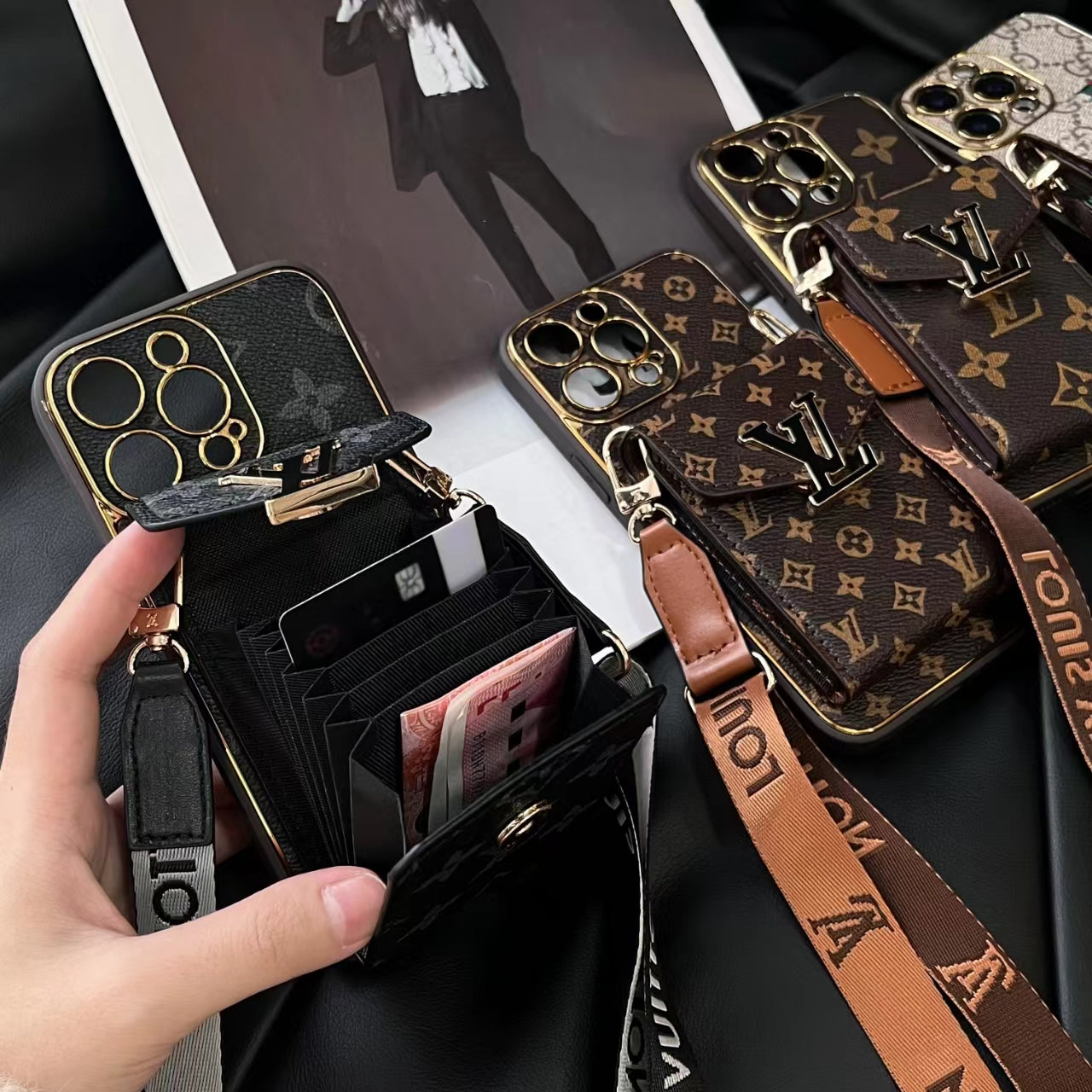 🔥 Full Cover Shockproof Leather Case with Wallet and Strap Phone Case Monogram iPhone Case