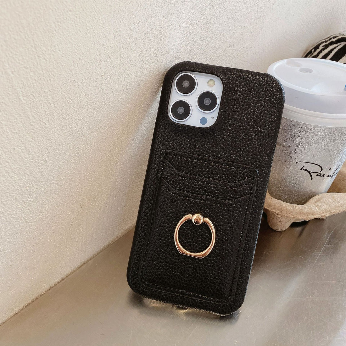 Black genuine leather ring holder phone case suitable for Apple phones