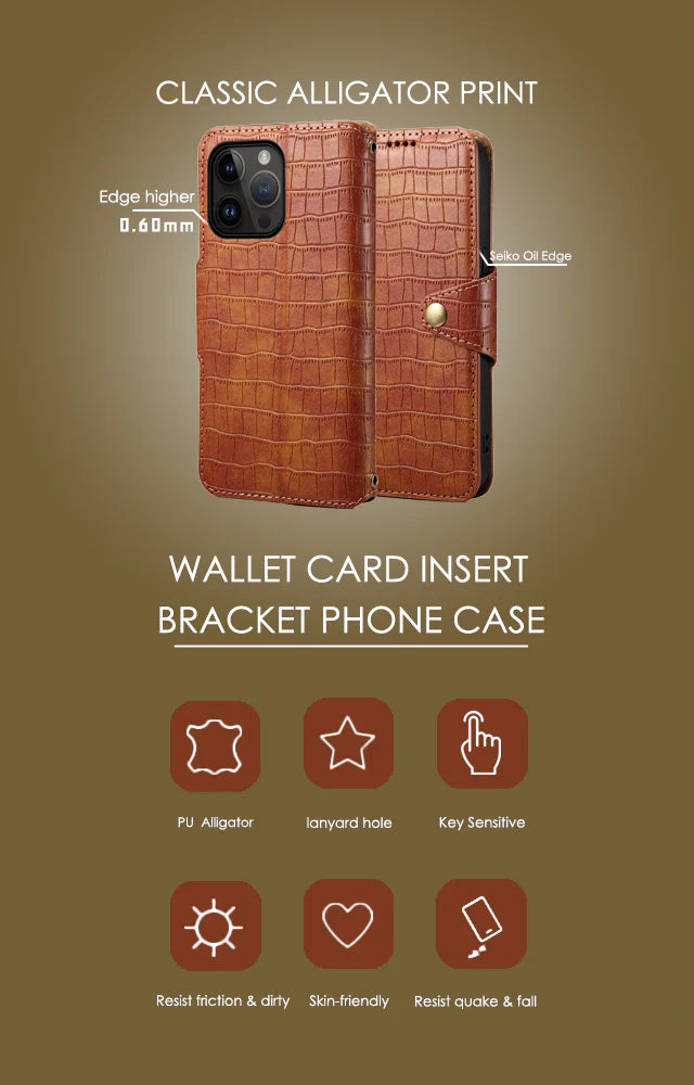 Alligator Print Phone Case With Wallet And Strap For iPhone Brown-644008992020