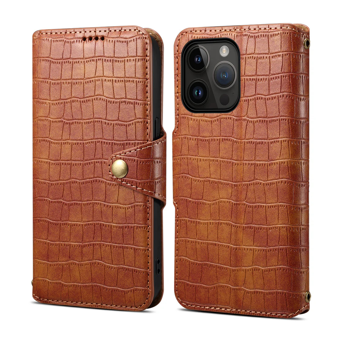 Alligator Print Phone Case With Wallet And Strap For iPhone Brown-644008992020
