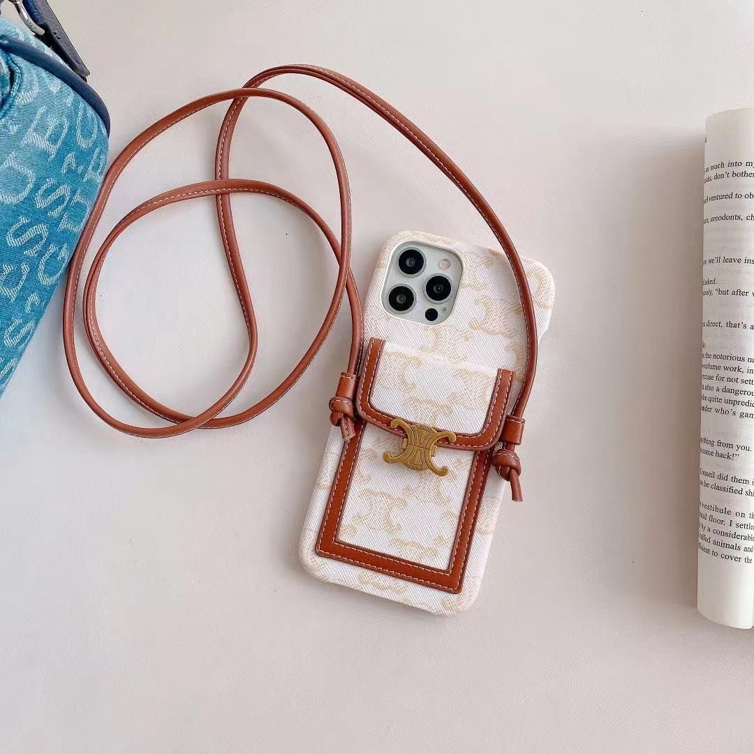 Old leather sling strap card holder phone case, suitable for iPhone