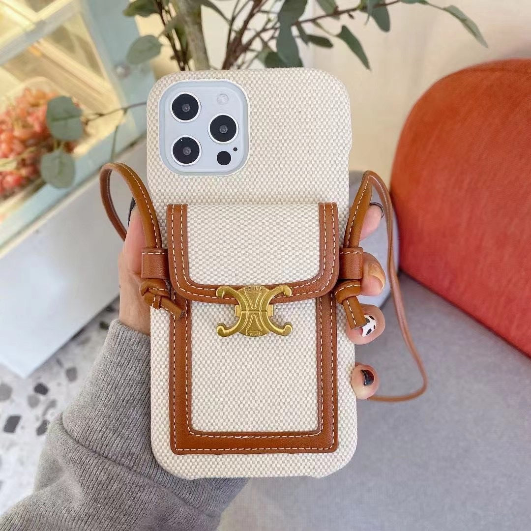 Old leather sling strap card holder phone case, suitable for iPhone