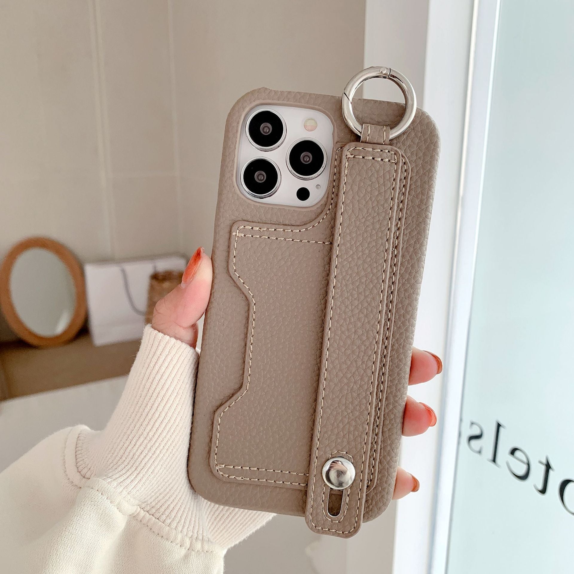 Stylish leather phone case, suitable for iPhone, with card slot and wrist strap protection