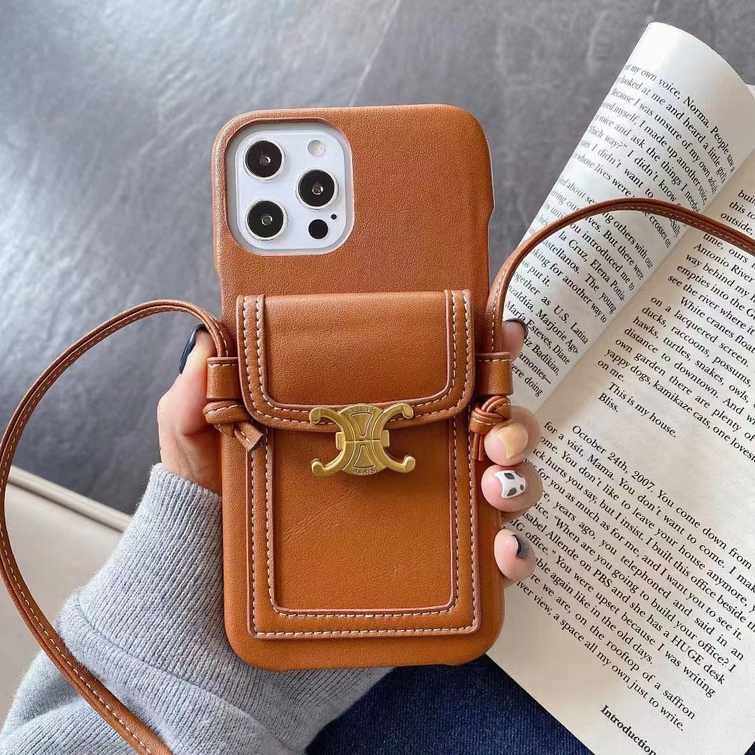 Old leather sling strap card holder phone case, suitable for iPhone