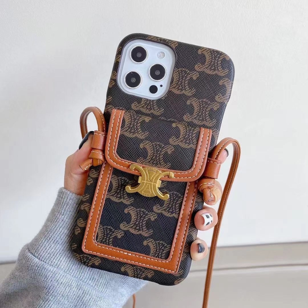 Old leather sling strap card holder phone case, suitable for iPhone