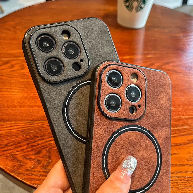 Luxury Retro Matte Leather Magsafe Magnetic Wireless Charge Case For iPhone